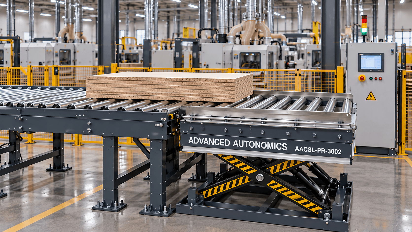 Scherenhubtisch mit angetriebenem Rollenaufsatz, der eine Last von einem Förderband übernimmt